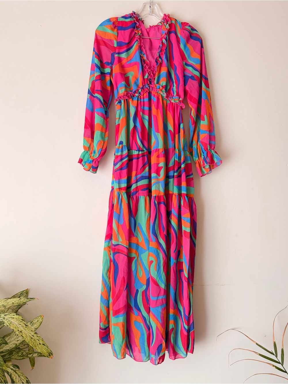 French Connection Hot Pink Multi-Color Abstract Ruffle Maxi Dress